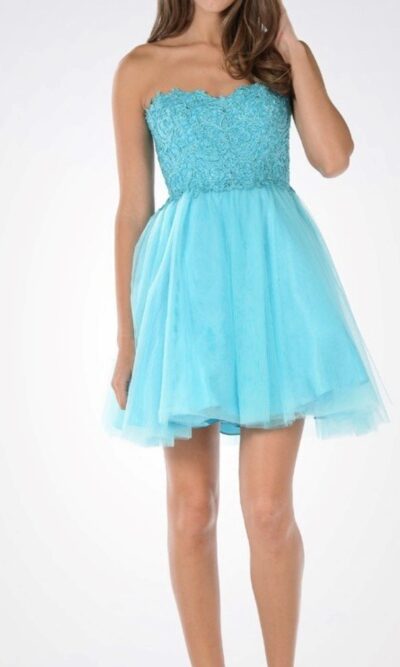 Aqua Strapless Lace and Tulle Short Prom Dress