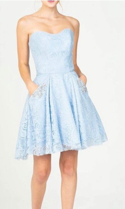 Light Blue Lace Short Prom Dress with Jewelled Pockets