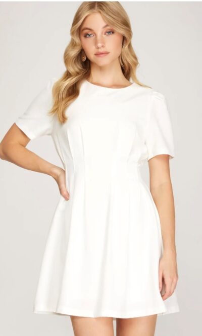 Off White Pintuck Short Sleeve Dress