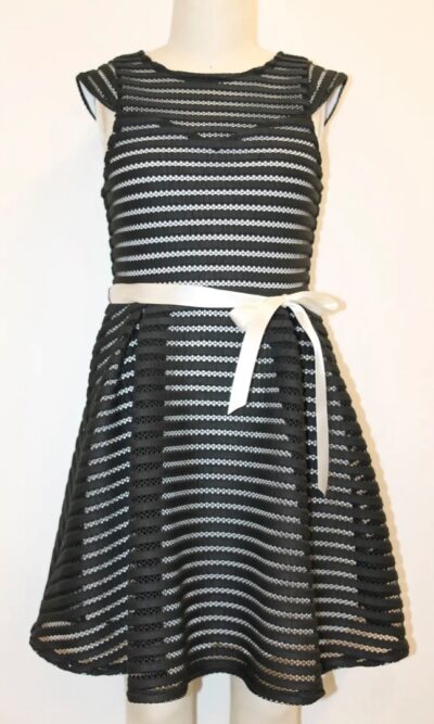 Ava & Yelly Maje Inspired Bubble Stripe Skater Dress in Black/Ivory