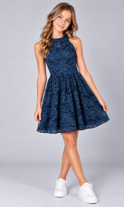 Ava & Yelly High Neck Lace Skater Dress