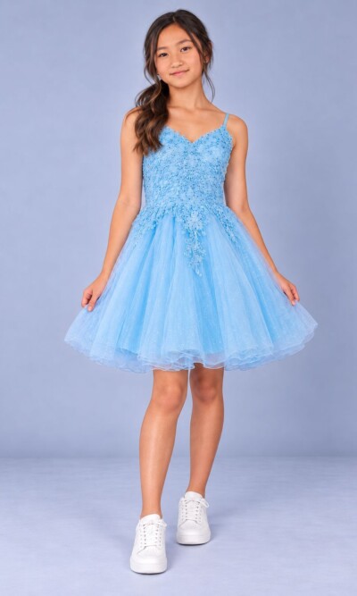 Cinderella Couture Short Party Dress Style 5125 in Sky Blue on Model
