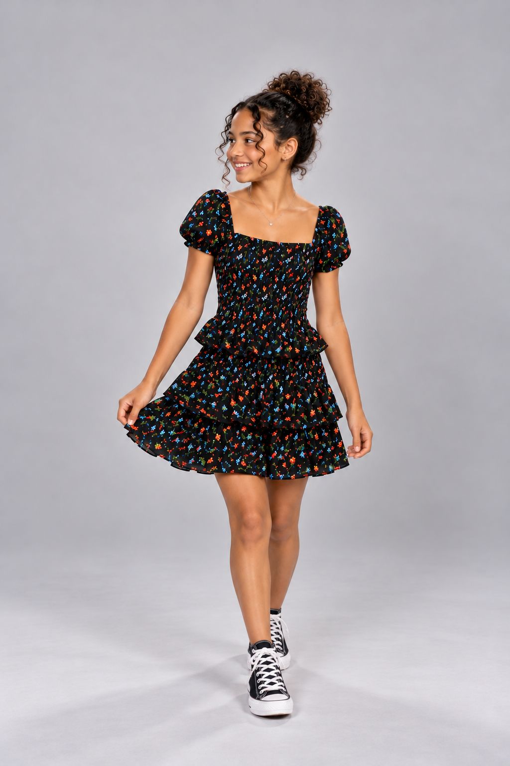 Cheryl Kids Amber Dress 1 Cheryl Kids Amber Party Dress in Black Floral on Model