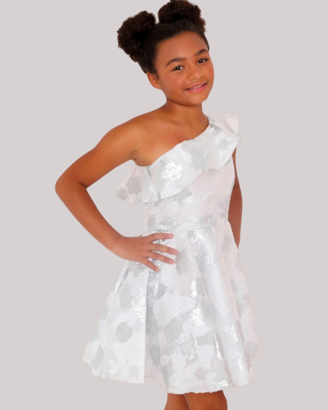 Dolls and Divas Monroe Dress in White/Silver 1 Dolls and Divas Monroe Girls Party Dress in White and Silver