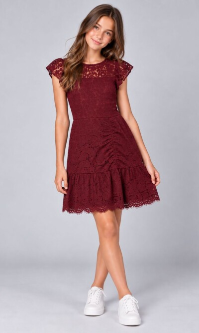 Ava & Yelly Burgundy Lace Cap Sleeve Party Dress