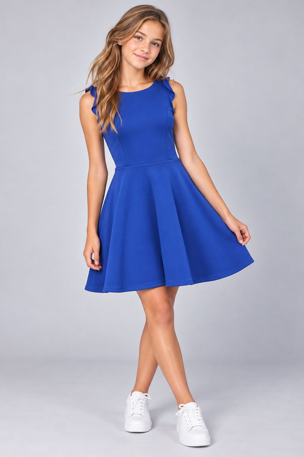 Ava & Yelly Ruffle Skater Dress in Royal Blue 1 Ava & Yelly Royal Blue Frill Strap Skater Dress