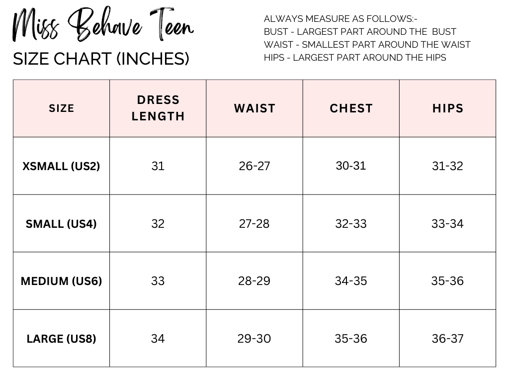 Miss Behave Kayla Dress in Royal Blue 2 Miss Behave Teen Size Chart