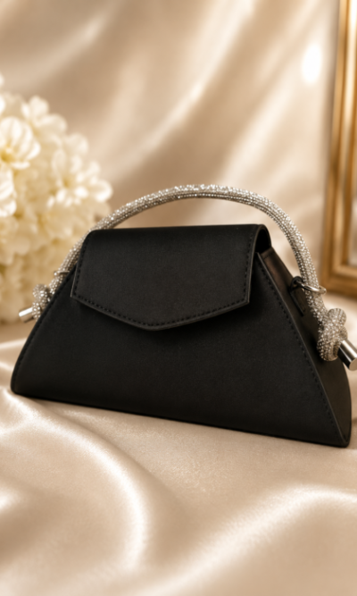 Black Satin evening bag with Silver Strap
