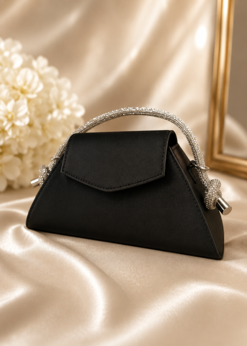 Mascara Collection Black Satin Sparkle Strap Evening Bag 1 Black Satin evening bag with Silver Strap