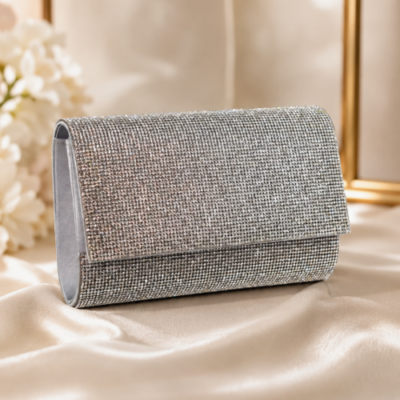 Foldover Silver Diamante Clutch Bag