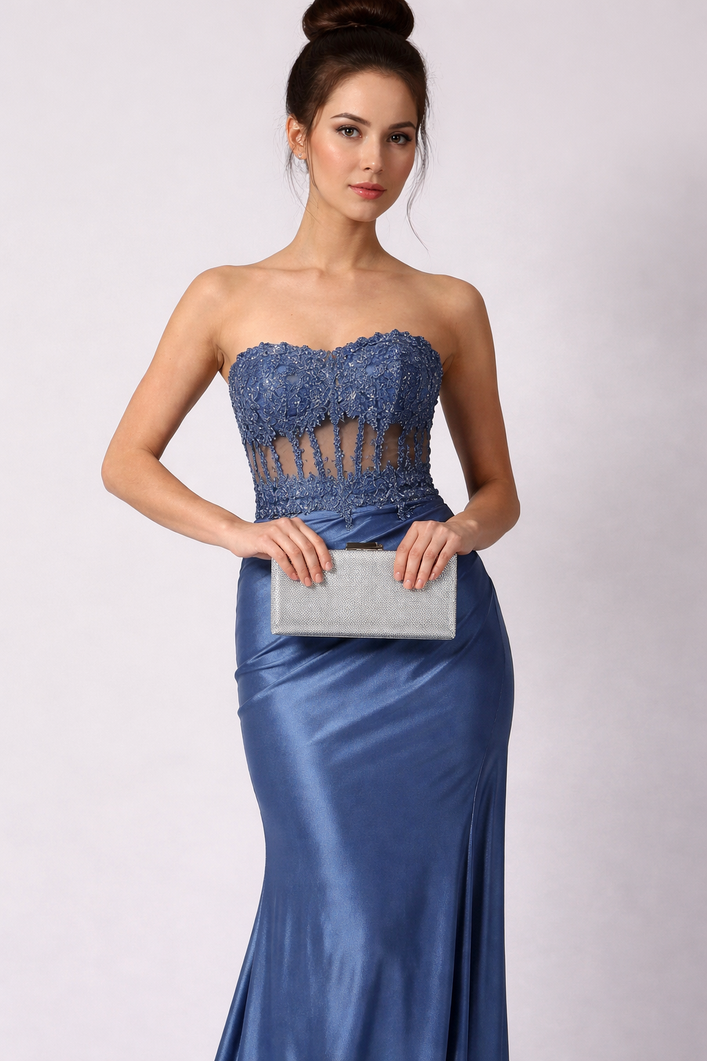Mascara Collection Diamante Box Clutch Bag 3 Mascara Collection Rectangular Silver Diamante Clutch Bag held by model in Airforce Blue Satin long Prom Dress