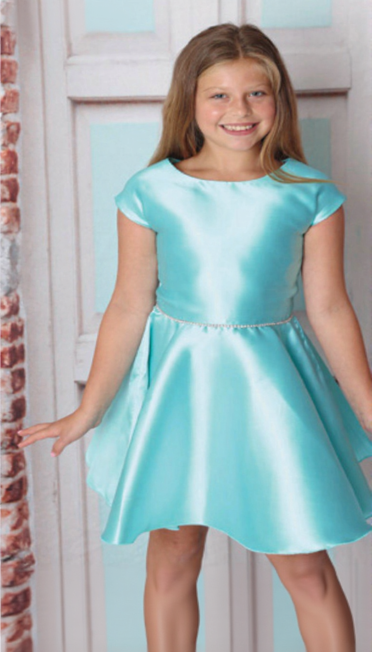 Dolls and Divas Reeve Dress in Blue Mikado Satin 1 Dolls and Divas Couture Reeve Party Dress in Light Blue Satin