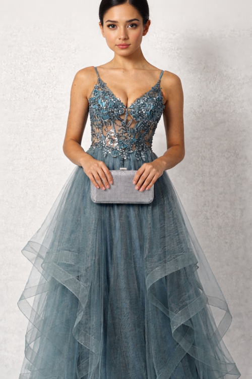 Mascara Collection Silver Diamante Clutch Bag 2 Mascara Collection Silver diamante Clutch Bag held by Model wearing a Silver Grey embellished Tulle Prom Dress
