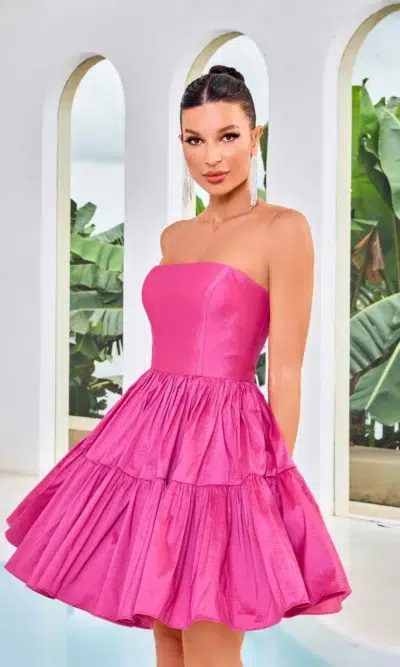 Jadore Evening Short Party Dress Style J24077 in Hot Pink Taffeta Satin