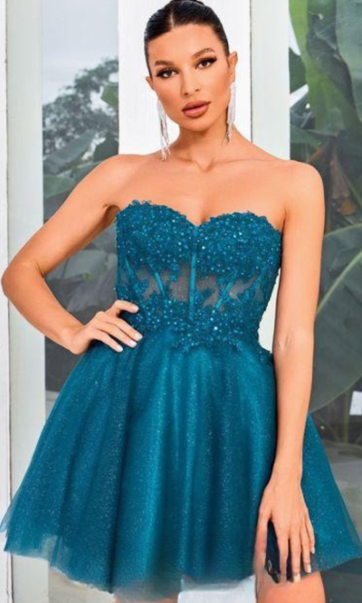 Jadore Evening Short Prom Dress Style J24080 in Teal Lace & Glitter Tulle