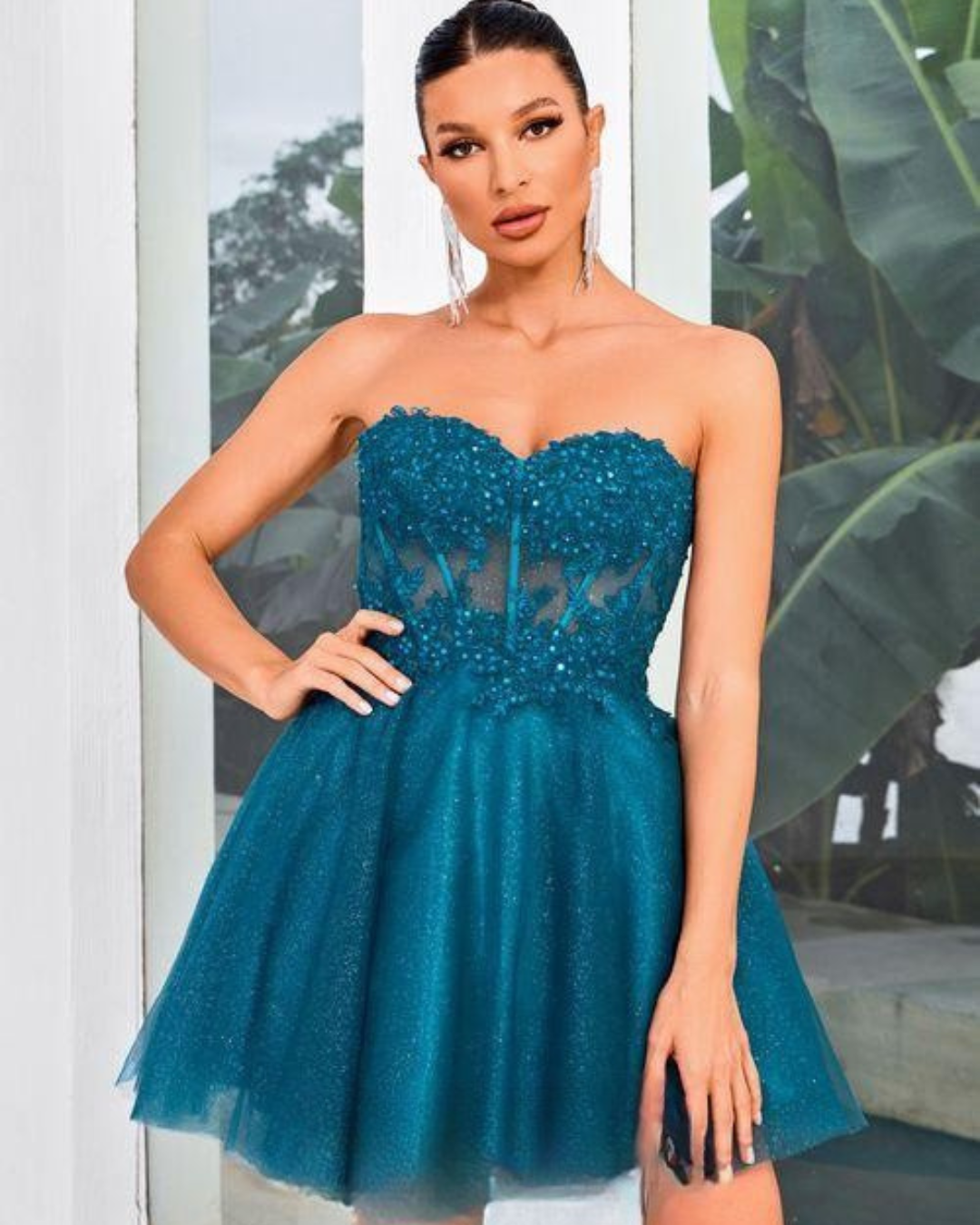 Jadore Evening Style J24080 1 Jadore Evening Short Prom Dress Style J24080 in Teal Lace & Glitter Tulle