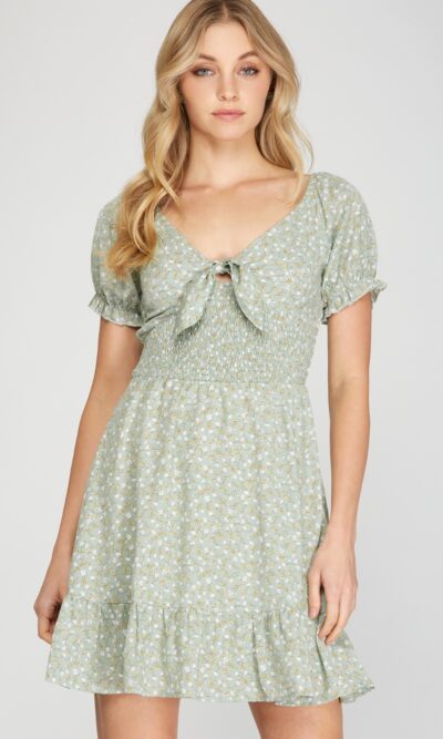 She & Sky Ditsy Daisy flutter sleeve Dress in Misty Sage Green
