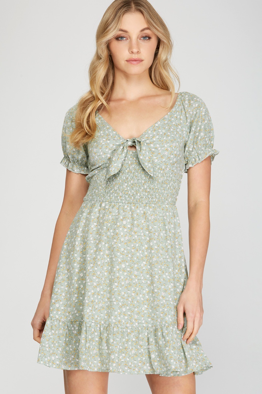 Ditsy Daisy Dress in Misty Sage 1 She & Sky Ditsy Daisy flutter sleeve Dress in Misty Sage Green