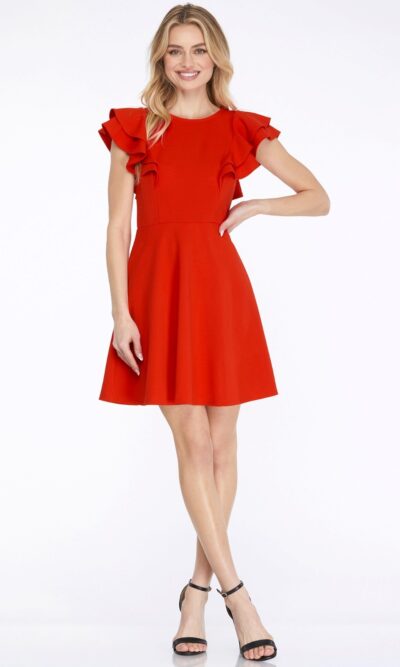 She & Sky Frill Sleeve Red Skater Dress