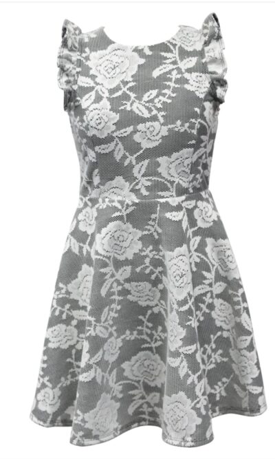 Ava & Yelly Lace Keyhole Frill Sleeve Skater Dress in Black and White