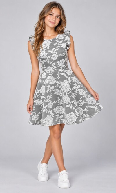 Ava & Yelly Lace Frill Sleeve skater dress in Black and white