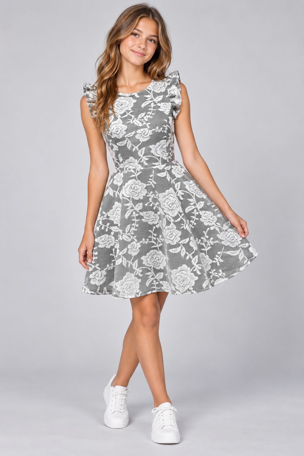 Ava & Yelly Lace Keyhole Skater Dress 1 Ava & Yelly Lace Frill Sleeve skater dress in Black and white