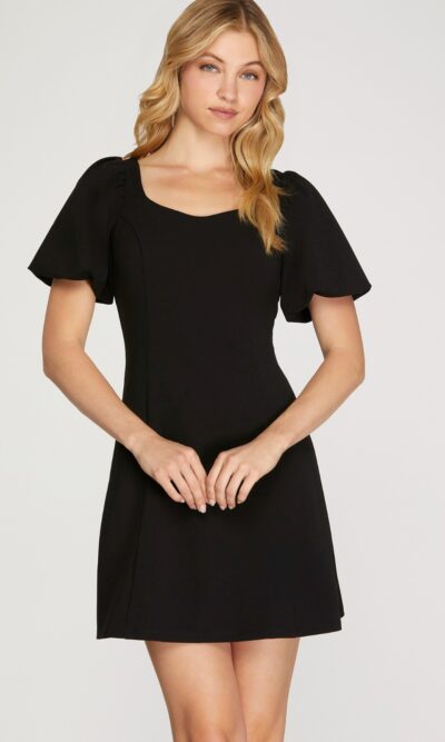 She & Sky Puff Sleeve A Line Crepe Dress in Black