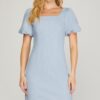 Puff Sleeve Waffle Dress Light Blue 3 Puff Sleeve Straight Dress in Light Blue Waffle Fabric