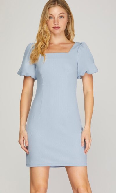 Puff Sleeve Straight Dress in Light Blue Waffle Fabric