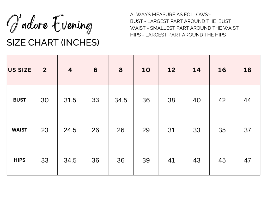 Jadore Evening Style J24077 Hot Pink 3 Jadore Evening Size Chart