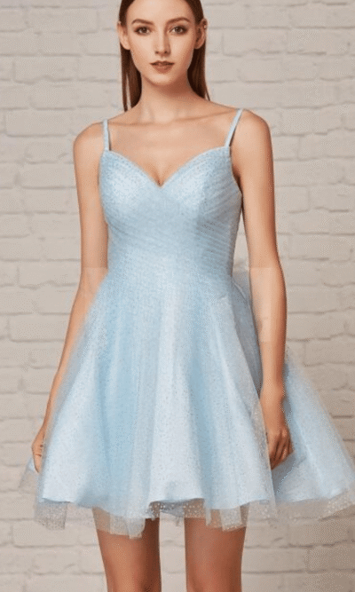 Jadore Evening Short Prom Dress Style J18089 in Sky Blue Glitter Tulle