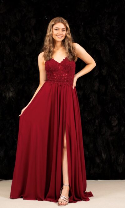 Ruby Prom Catalina Long Prom Dress in Wine Lace and Chiffon