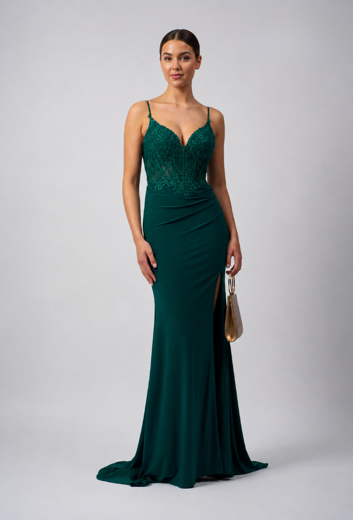 Mascara Collection Prom Dress Style MC18328 1 Mascara Collection Long Prom Dress Style MC18328 in Forest Green with Full Model