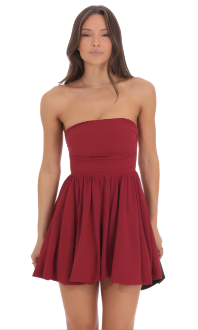 Burgundy Strapless Bubble Party Dress