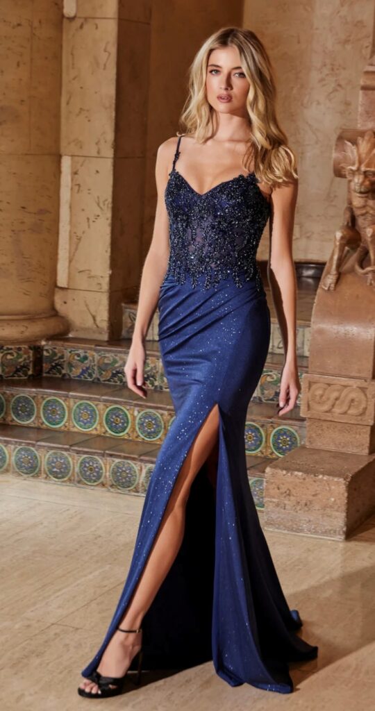 Nox Anabel Long Prom Dress Style H1667 in Navy