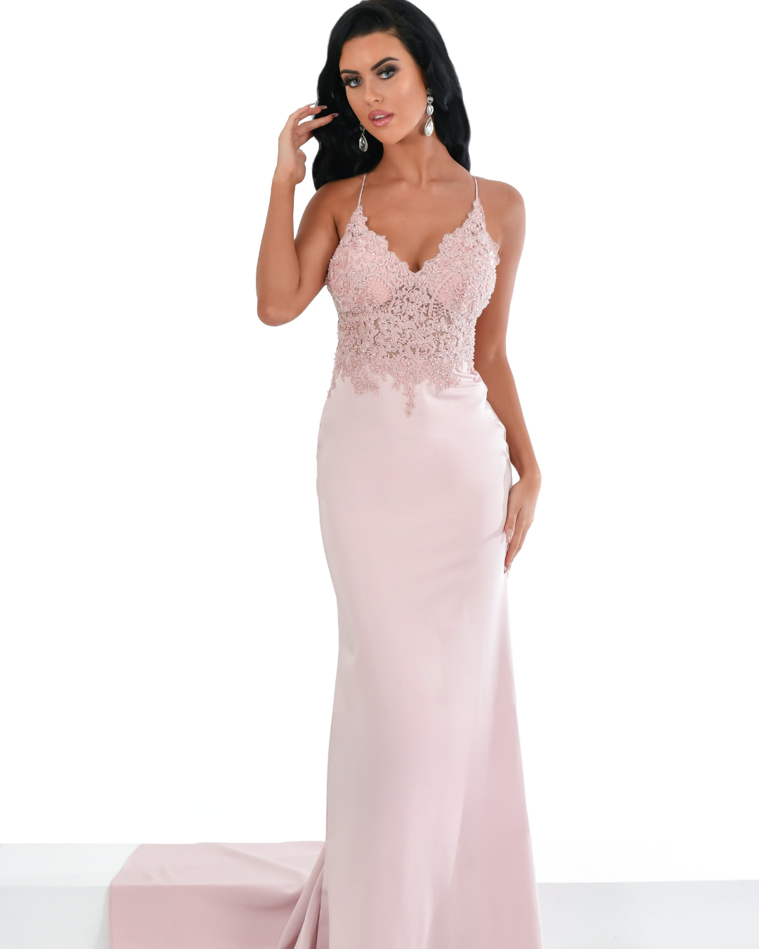 To the Nines Prom Dress Style TNK815 1 To the Nines Lace and Satin Prom Dress in Blush Pink Style TNK815