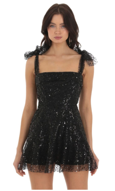 Black Sequin fit and flare mini dress with bow straps