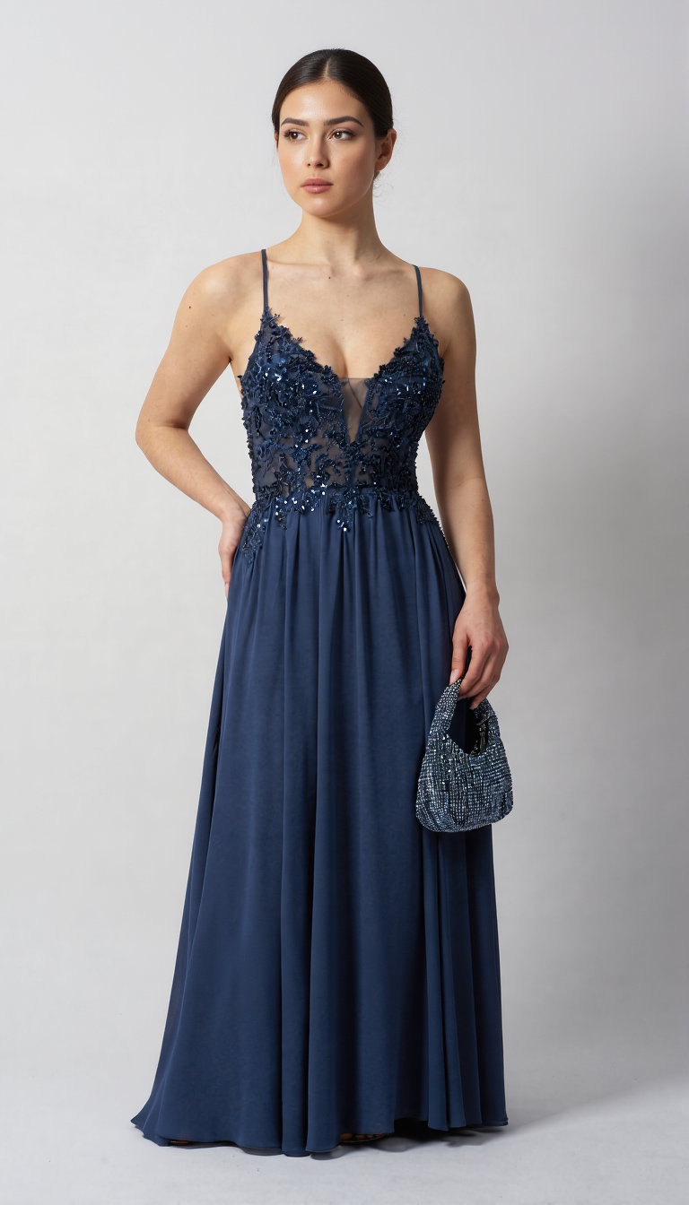 Mascara Collection Prom Dress Style MC114414 1 Mascara Collection Prom Dress Style MC114414 in Airforce Blue Lace and Chiffon