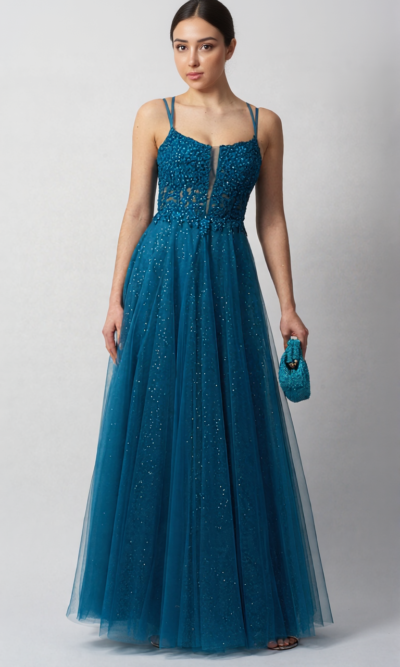 Mascara Collection Prom Dress Style MC124431 in Petrol Lace and Tulle
