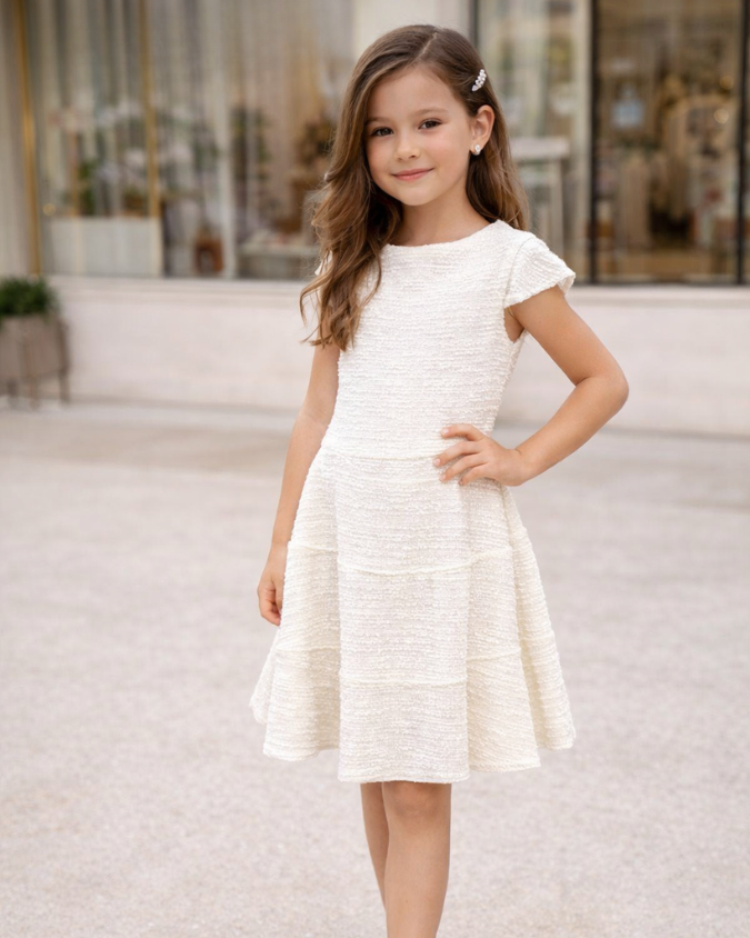 Cheryl Kids Tweed Frill Sleeve Skater Dress 3 Cheryl Kids Cream Cap Sleeve Tweed Skater Dress