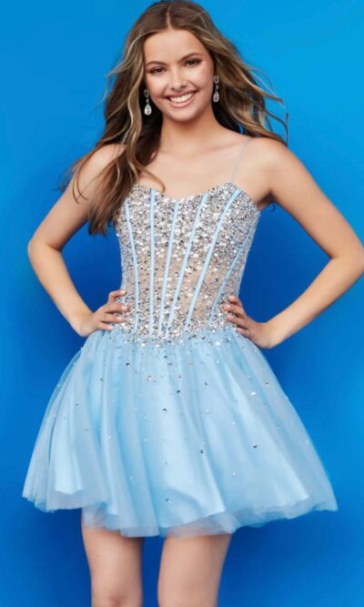 Jovani Short Prom Dress Style K59903 with Mesh Bodice in Ice Blue