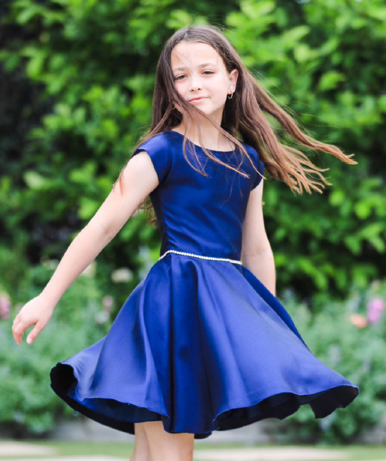 Dolls and Divas Reeve Dress in Navy Mikado Satin 1 Dolls and Divas Satin Reeve Party Dress in Navy