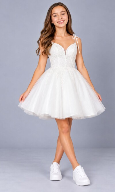 Pre-Loved Nox Anabel Short Party Dress Style F732 in White on Teen Girl