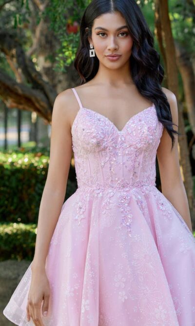 Juliet Short Prom Party Dress with Floral Embroidery in Pink