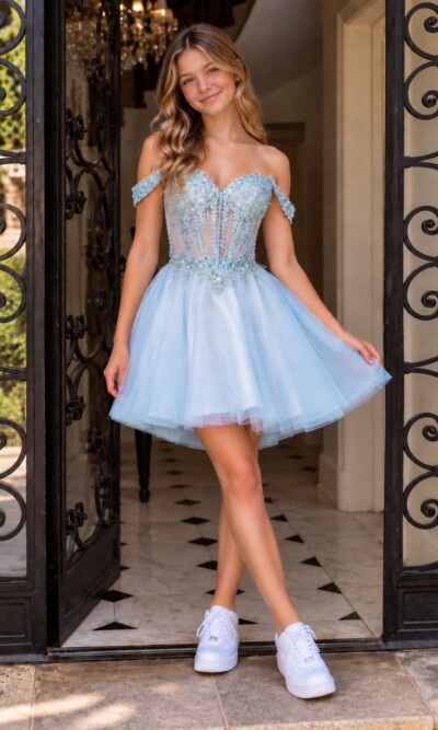 LADivine Short Party Dress Style CD0246 in Light Blue Embellished Tulle