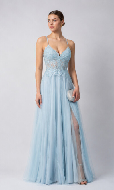 Mascara Collection Princess Style Long Prom Dress Style MC11531 in Baby Blue embellished Mesh and tulle skirt