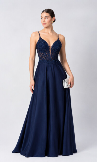 Mascara Collection Floaty Long Prom Dress Style MC11541 in Navy with embellished bodice and chiffon floaty skirt