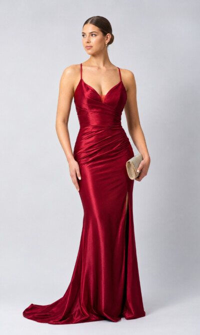 Mascara Collection fitted Long Prom Dress in Berry Liquid Satin