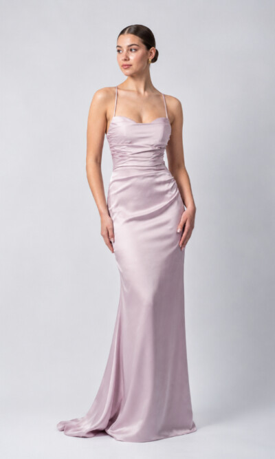 Mascara Collection Fitted Long Prom Dress Style MC19533 in Petal Pink Satin