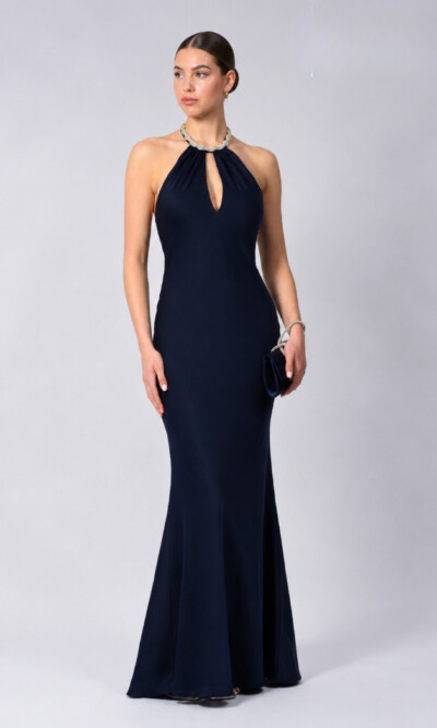 Mascara Collection Style MC19543 in Navy Satin with Embellished Halter Neck Collar